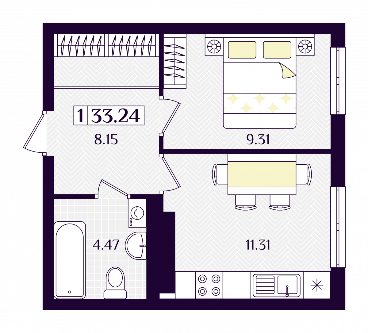 Квартира №265, 1-комнатная, 33.24 м², 1 этаж - планировка, ЖК «Астерия»