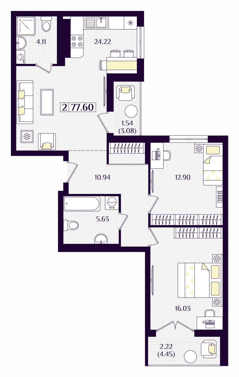 Квартира №266, 2-комнатная, 77.6 м², 2 этаж - планировка, ЖК «Астерия»