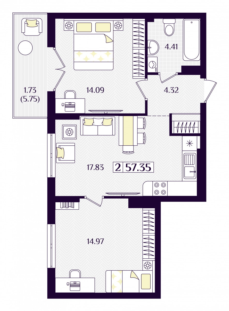 Квартира №268, 2-комнатная, 57.35 м², 2 этаж - планировка, ЖК «Астерия»