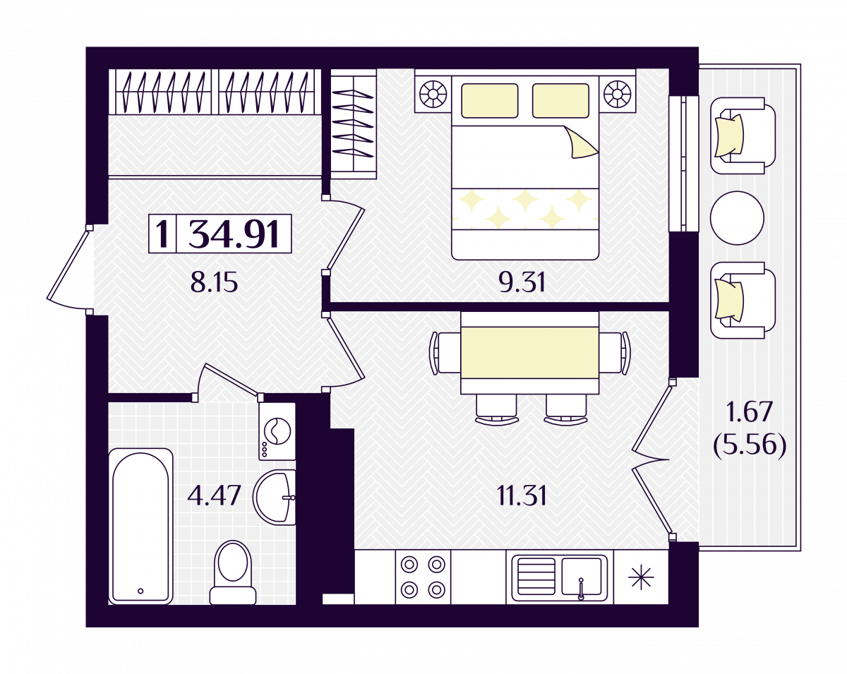Квартира №272, 1-комнатная, 34.91 м², 2 этаж - планировка, ЖК «Астерия»