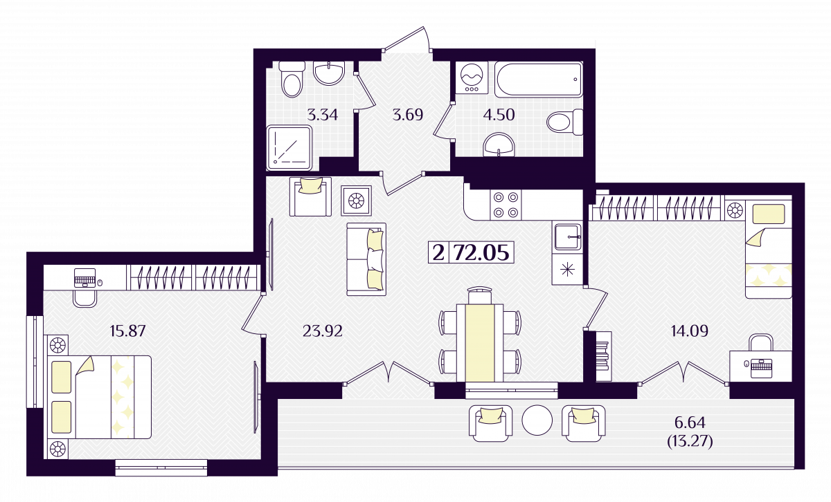 Квартира №274, 2-комнатная, 72.05 м², 3 этаж - планировка, ЖК «Астерия»