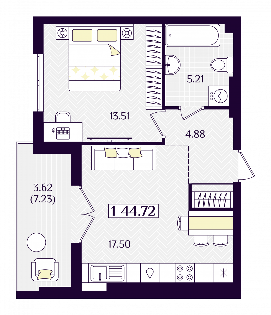 Квартира №277, 1-комнатная, 44.72 м², 3 этаж - планировка, ЖК «Астерия»
