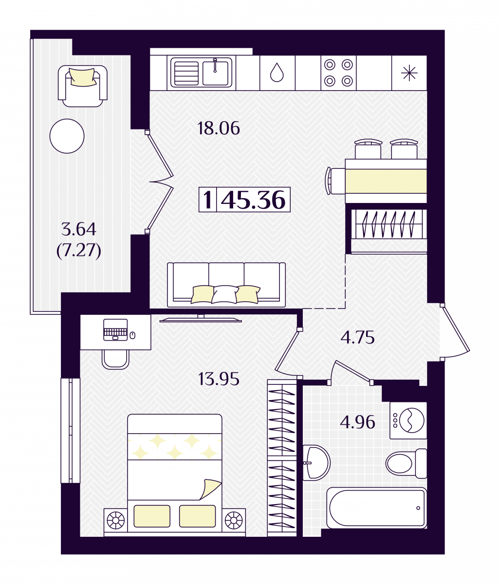 Квартира №283, 1-комнатная, 45.36 м², 4 этаж - планировка, ЖК «Астерия»