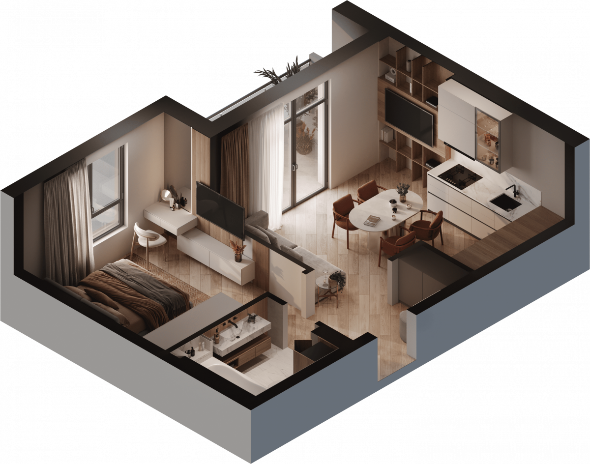 Квартира №290, 1-комнатная, 45.36 м², 5 этаж - планировка, ЖК «Астерия»