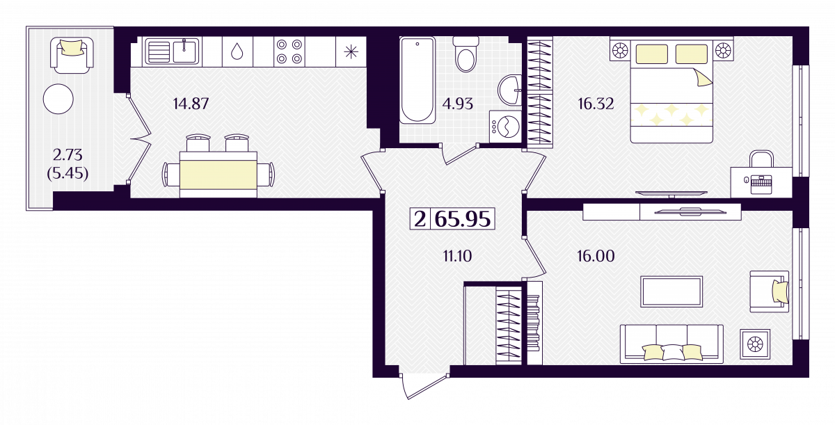 Квартира №292, 2-комнатная, 65.95 м², 5 этаж - планировка, ЖК «Астерия»