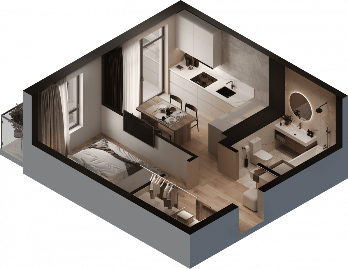 Квартира №293, 1-комнатная, 34.91 м², 5 этаж - планировка, ЖК «Астерия»