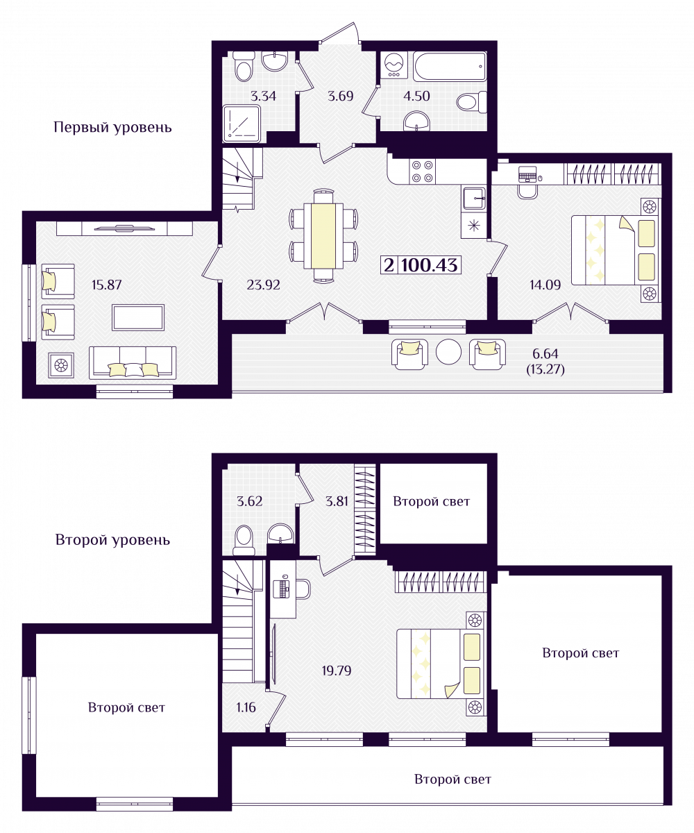 Квартира №302, 2-комнатная, 100.43 м², 7 этаж - планировка, ЖК «Астерия»