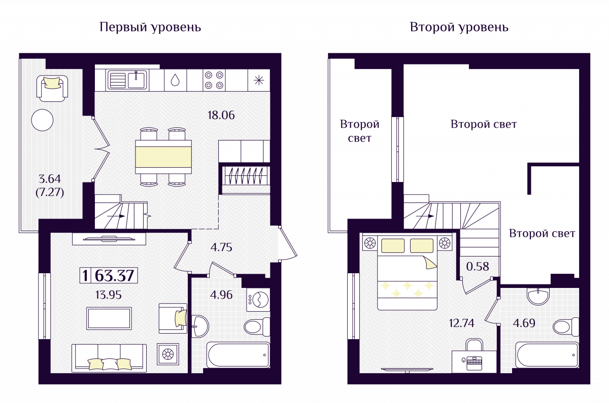 Квартира №304, 1-комнатная, 63.62 м², 7 этаж - планировка, ЖК «Астерия»
