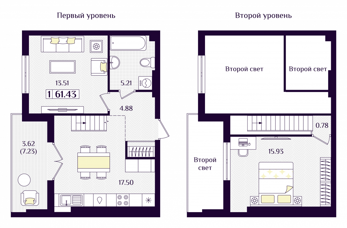 Квартира №305, 1-комнатная, 61.43 м², 7 этаж - планировка, ЖК «Астерия»