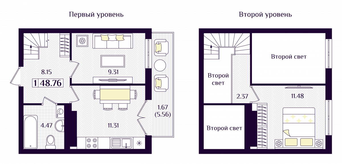 Квартира №307, 1-комнатная, 48.76 м², 7 этаж - планировка, ЖК «Астерия»