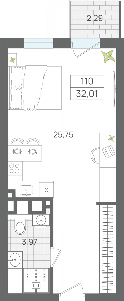 1 комнатные апартаменты 32,01 м², Апартаменты «ЭЛЕМЕНТ», секция 2 / 2 этаж, г. Светлогорск - фото 1
