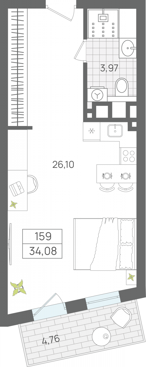 1 комнатные апартаменты 34,08 м², Апартаменты «ЭЛЕМЕНТ», секция 2 / 4 этаж, г. Светлогорск - фото 1
