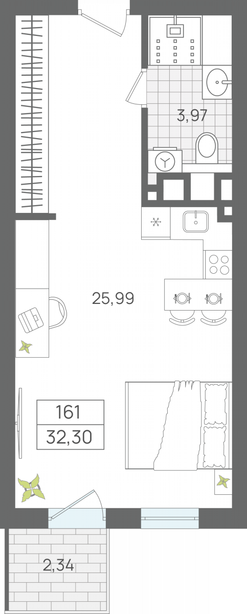 1 комнатные апартаменты 32,3 м², Апартаменты «ЭЛЕМЕНТ», секция 2 / 5 этаж, г. Светлогорск - фото 1
