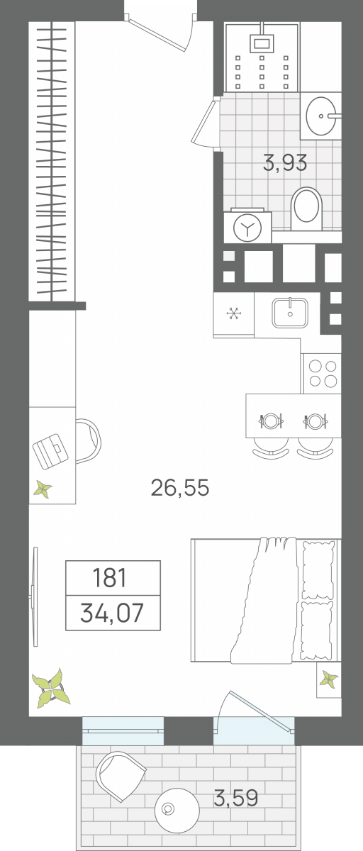 1 комнатные апартаменты 34,07 м², Апартаменты «ЭЛЕМЕНТ», секция 2 / 6 этаж, г. Светлогорск - фото 1