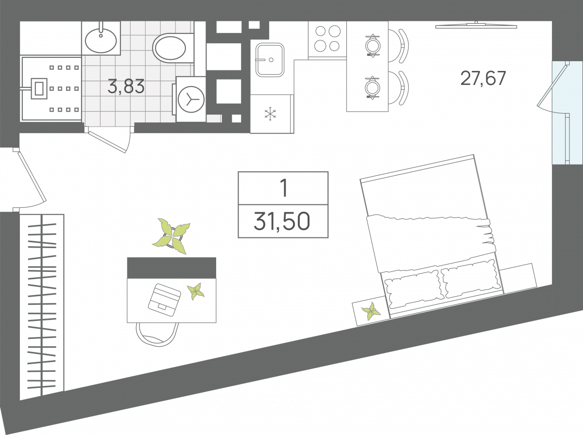 Апартаменты №1, 1-комнатная, 31.5 м², 1 этаж - планировка, Апартаменты «ЭЛЕМЕНТ», секция 1