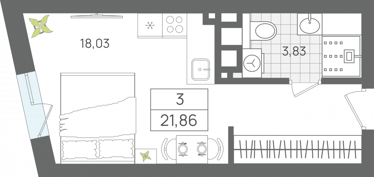 Апартаменты №3, 1-комнатная, 21.86 м², 1 этаж - планировка, Апартаменты «ЭЛЕМЕНТ», секция 1