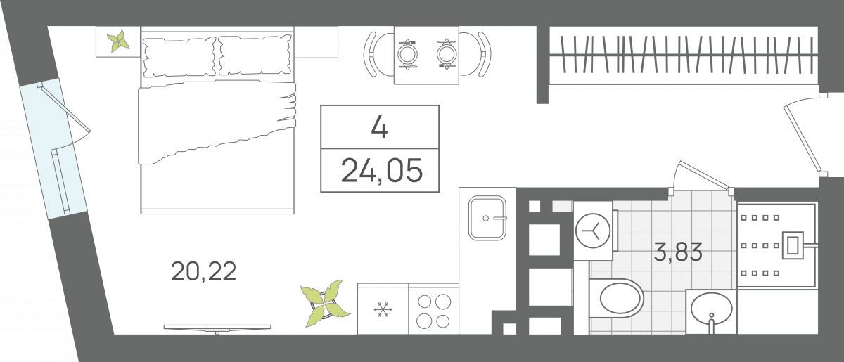Апартаменты №4, 1-комнатная, 24.05 м², 1 этаж - планировка, Секция 1