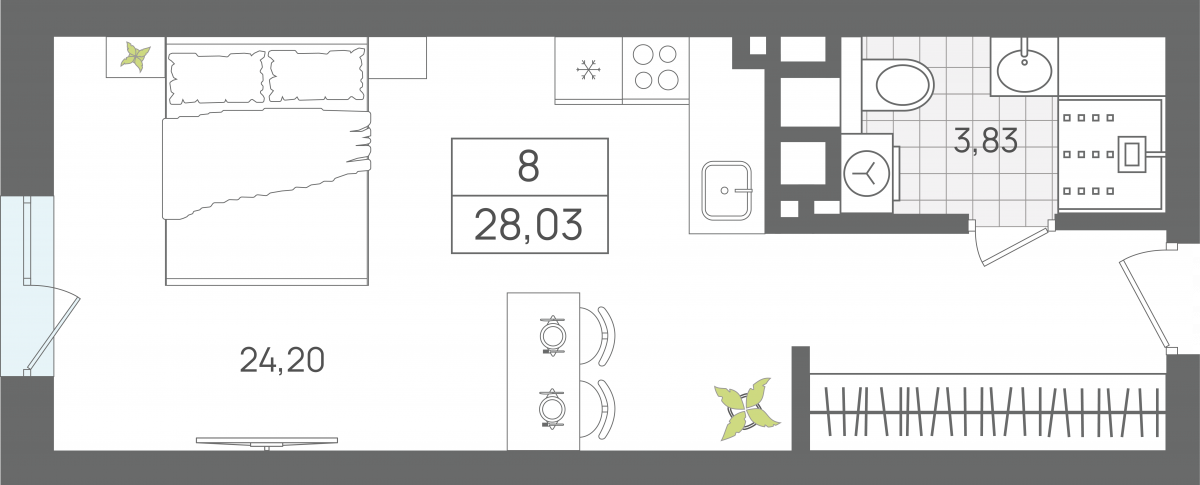 Апартаменты №8, 1-комнатная, 28.03 м², 1 этаж - планировка, Апартаменты «ЭЛЕМЕНТ», секция 1
