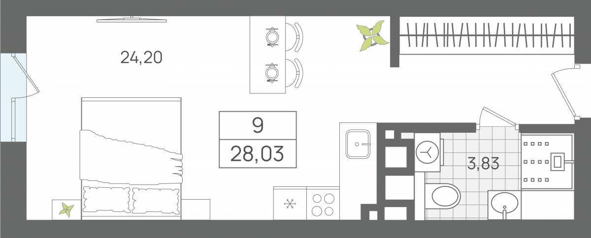 Апартаменты №9, 1-комнатная, 28.03 м², 1 этаж - планировка, Секция 1
