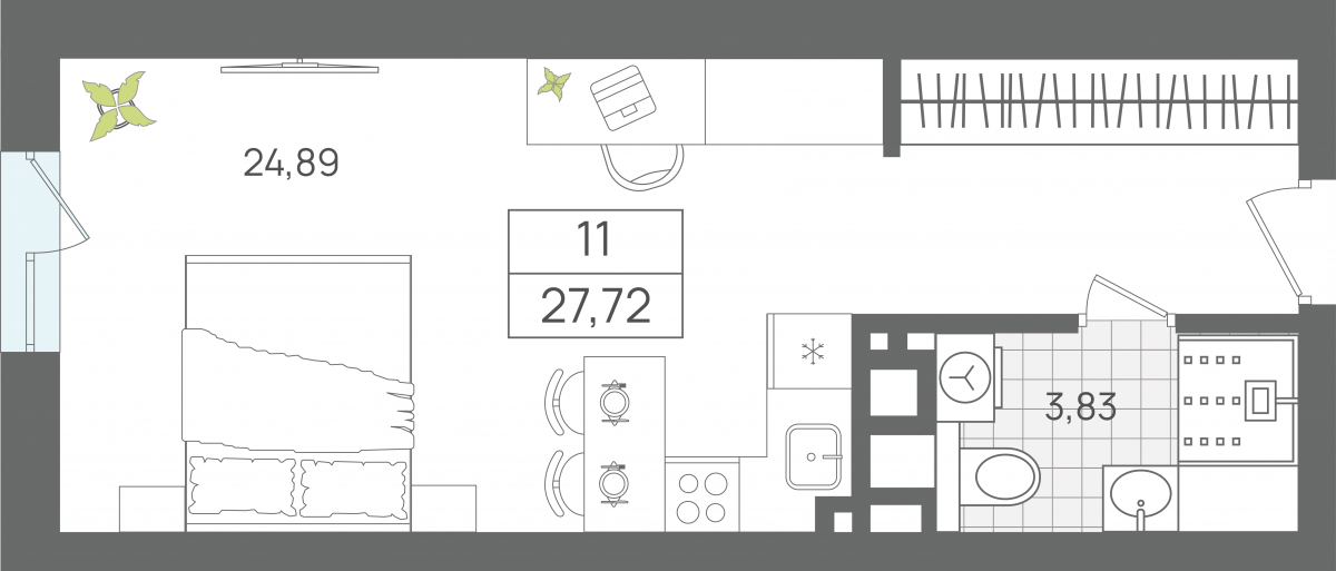 Апартаменты №11, 1-комнатная, 28.72 м², 1 этаж - планировка, Секция 1