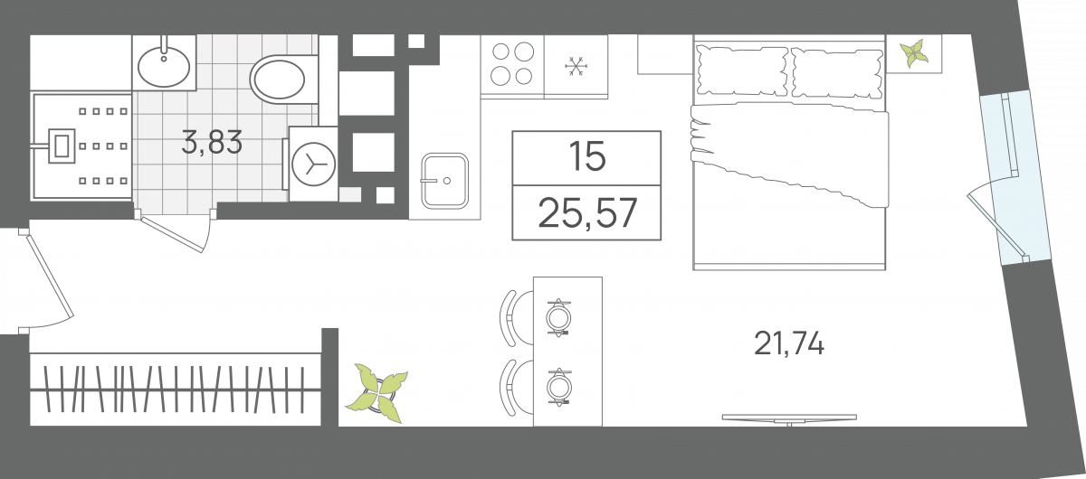 Апартаменты №15, 1-комнатная, 25.57 м², 1 этаж - планировка, Апартаменты «ЭЛЕМЕНТ», секция 1