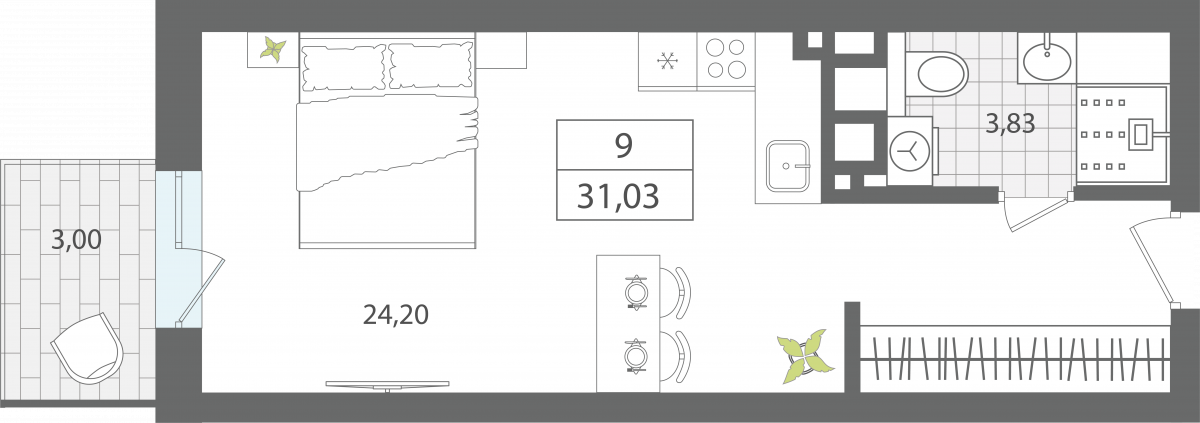 1 комнатные апартаменты 31,03 м², Апартаменты «ЭЛЕМЕНТ», секция 1 / 2 этаж, г. Светлогорск - фото 1