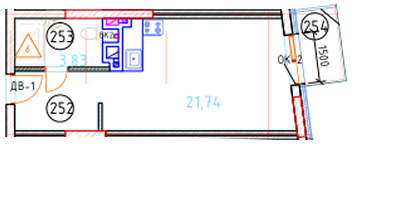Апартаменты №16, 1-комнатная, 28.57 м², 2 этаж - планировка, Секция 1
