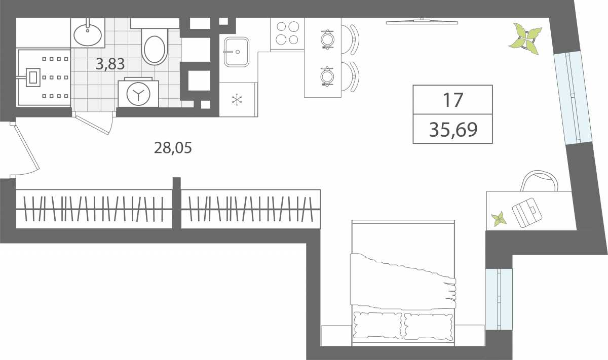 1 комнатные апартаменты 35,69 м², Апартаменты «ЭЛЕМЕНТ», секция 1 / 2 этаж, г. Светлогорск - фото 1