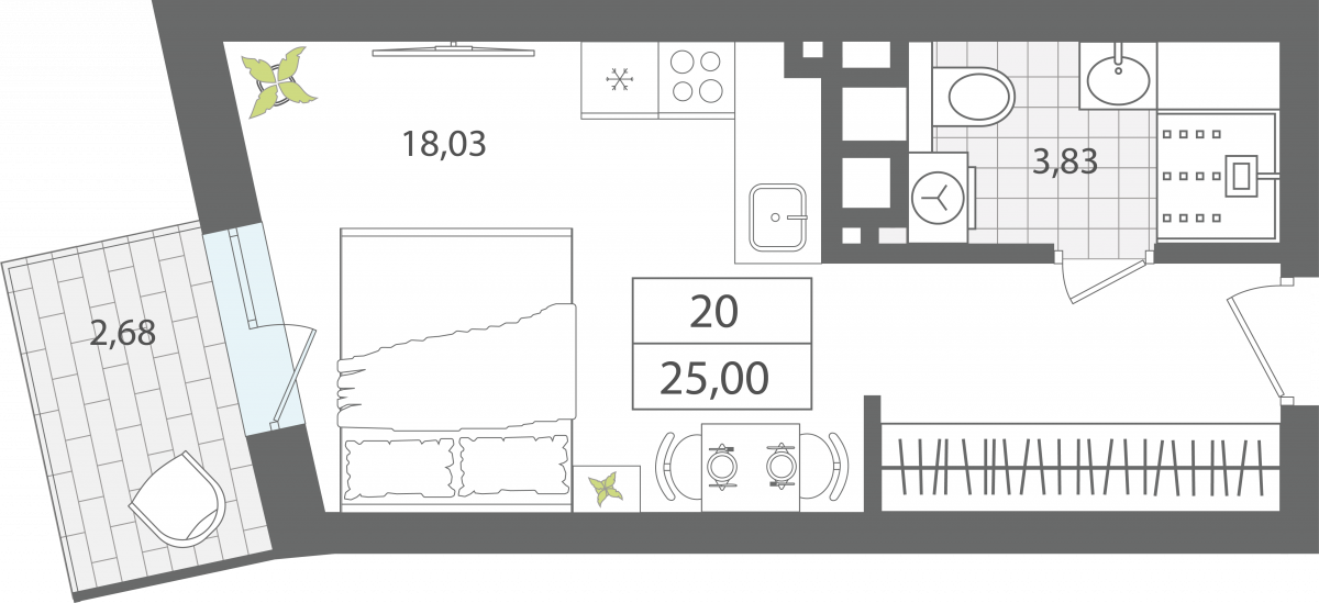 Апартаменты №20, 1-комнатная, 25 м², 3 этаж - планировка, Апартаменты «ЭЛЕМЕНТ», секция 1