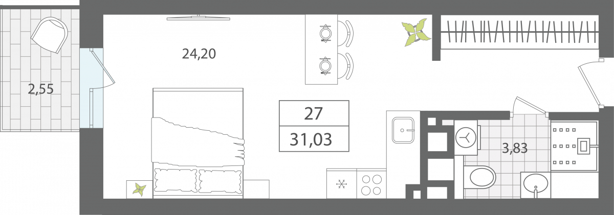 Апартаменты №27, 1-комнатная, 31.03 м², 3 этаж - планировка, Апартаменты «ЭЛЕМЕНТ», секция 1