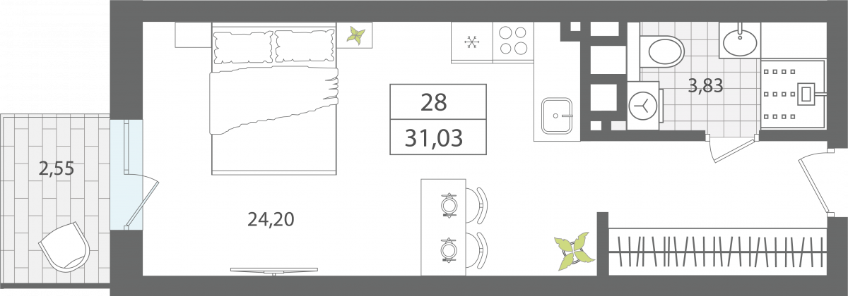Апартаменты №28, 1-комнатная, 31.03 м², 3 этаж - планировка, Апартаменты «ЭЛЕМЕНТ», секция 1