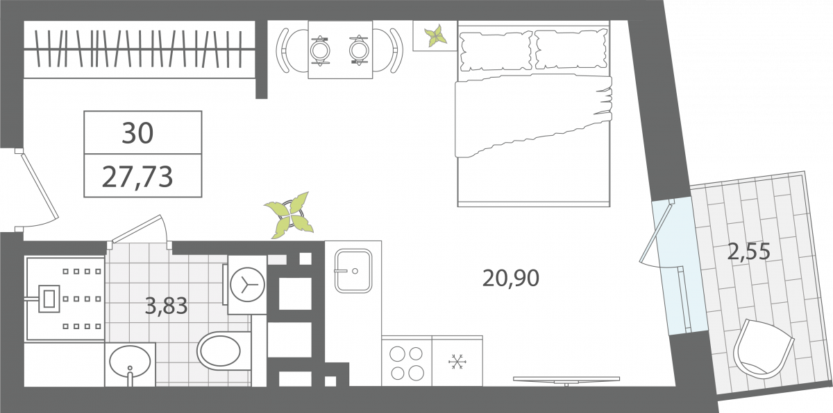 Апартаменты №30, 1-комнатная, 27.73 м², 3 этаж - планировка, Апартаменты «ЭЛЕМЕНТ», секция 1