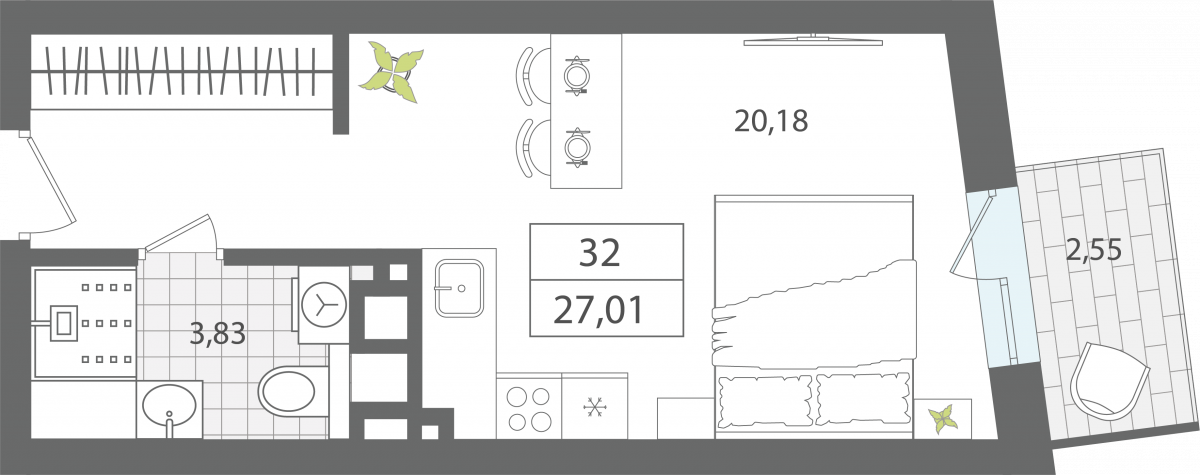 Апартаменты №32, 1-комнатная, 27.01 м², 3 этаж - планировка, Апартаменты «ЭЛЕМЕНТ», секция 1