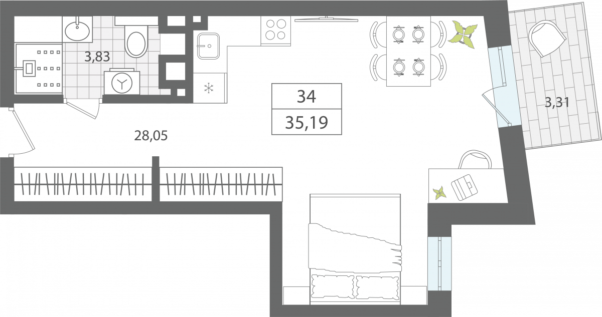 1 комнатные апартаменты 35,19 м², Апартаменты «ЭЛЕМЕНТ», секция 1 / 3 этаж, г. Светлогорск - фото 1