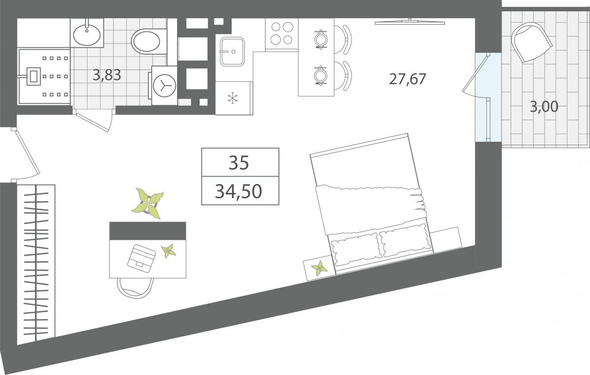 Апартаменты №35, 1-комнатная, 34.5 м², 4 этаж - планировка, Секция 1