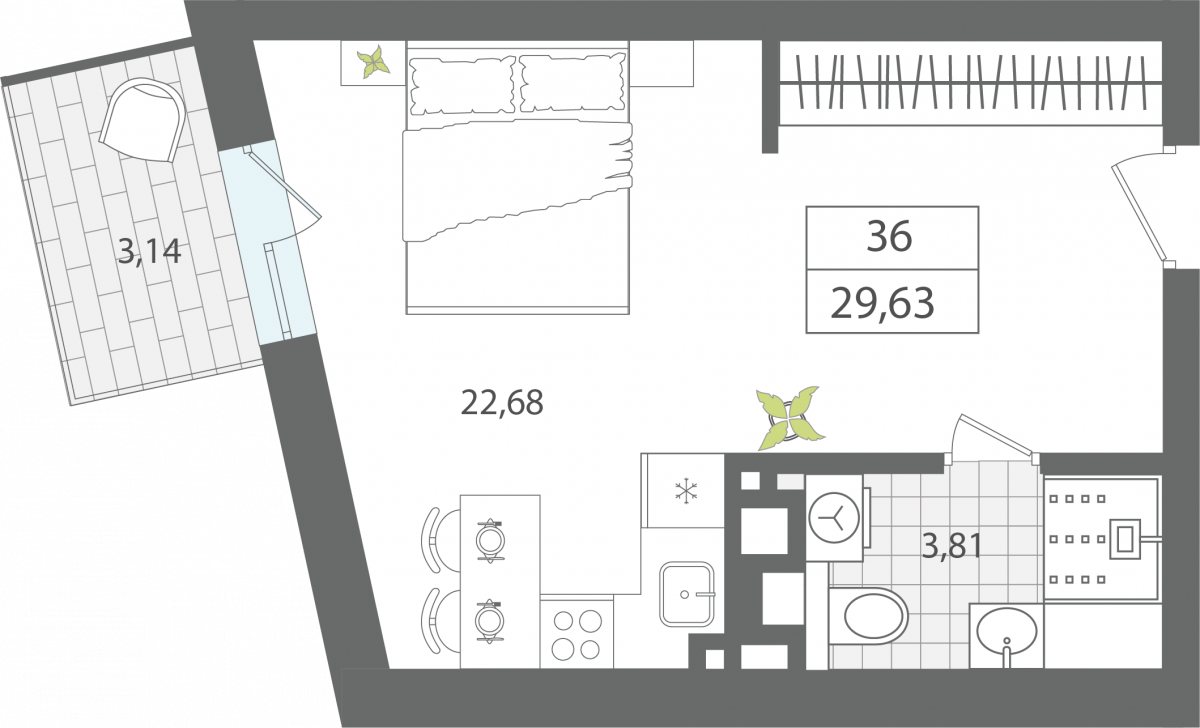 Апартаменты №36, 1-комнатная, 29.63 м², 4 этаж - планировка, Секция 1