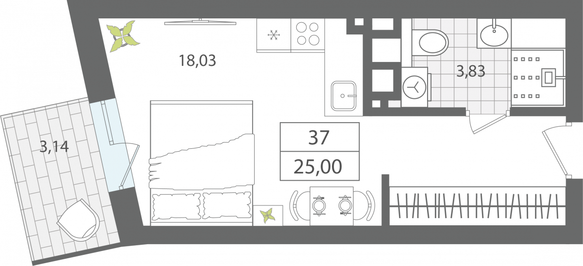 Апартаменты №37, 1-комнатная, 25 м², 4 этаж - планировка, Апартаменты «ЭЛЕМЕНТ», секция 1