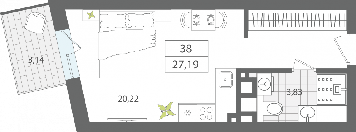 Апартаменты №38, 1-комнатная, 27.19 м², 4 этаж - планировка, Секция 1