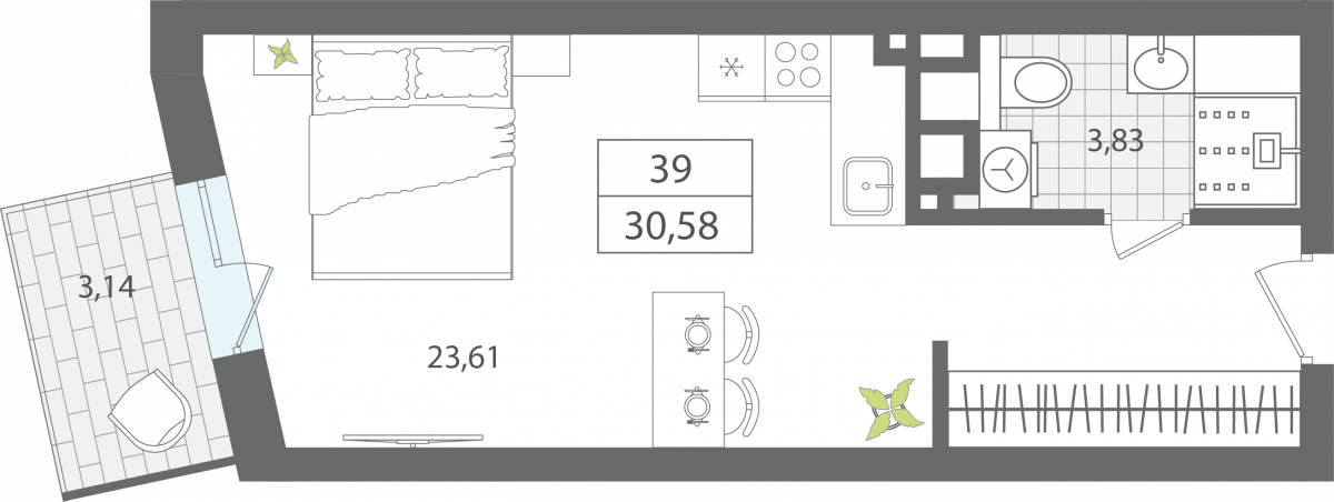 Апартаменты №39, 1-комнатная, 30.58 м², 4 этаж - планировка, Секция 1