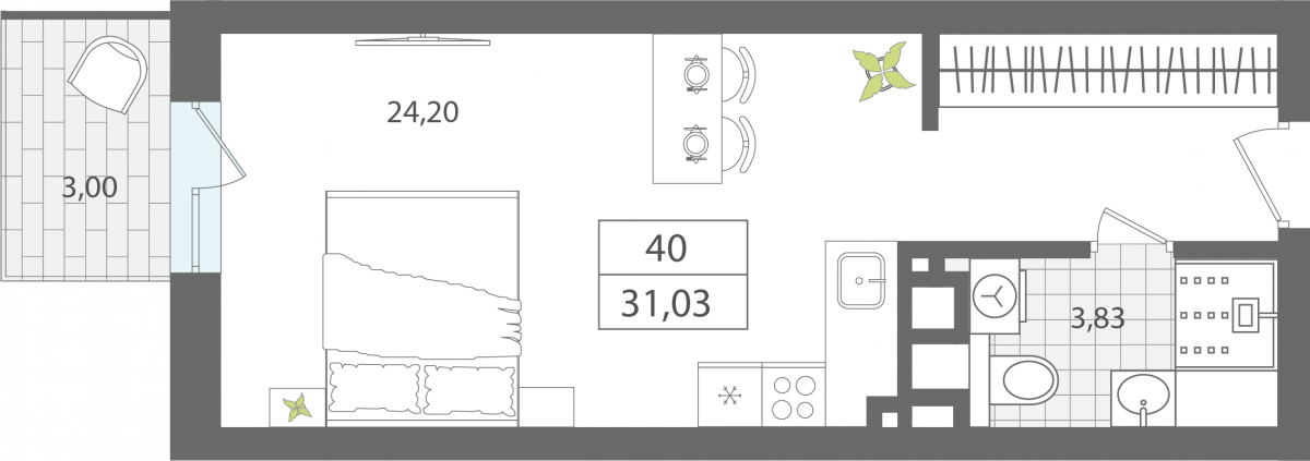 Апартаменты №40, 1-комнатная, 31.03 м², 4 этаж - планировка, Секция 1