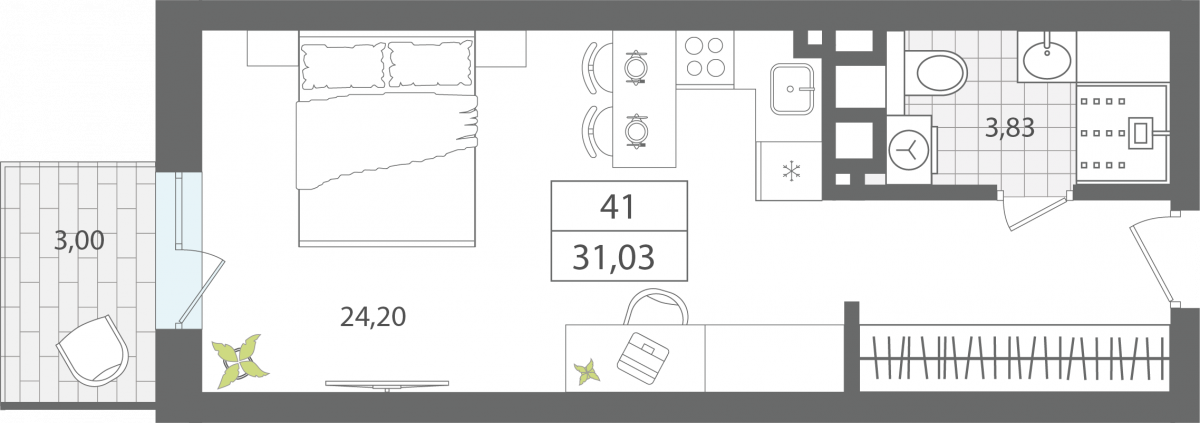 Апартаменты №41, 1-комнатная, 31.03 м², 4 этаж - планировка, Секция 1
