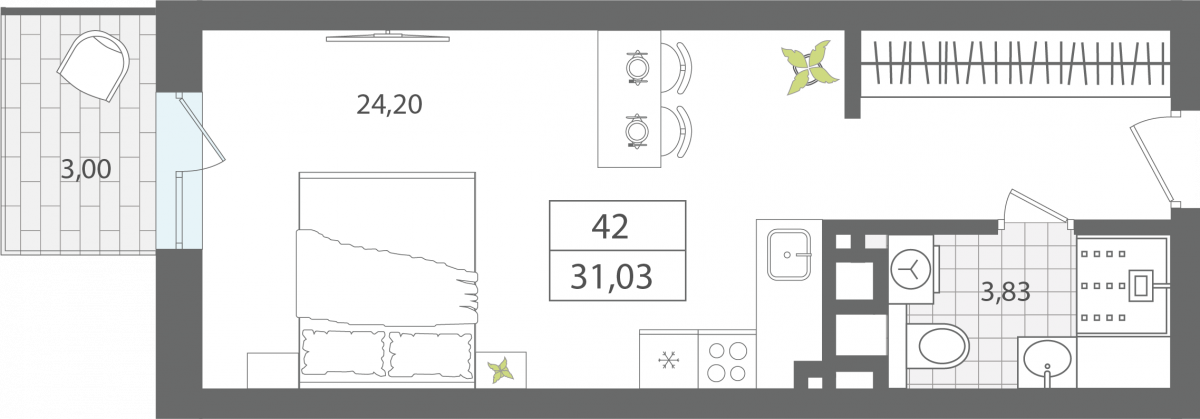 Апартаменты №42, 1-комнатная, 31.03 м², 4 этаж - планировка, Секция 1
