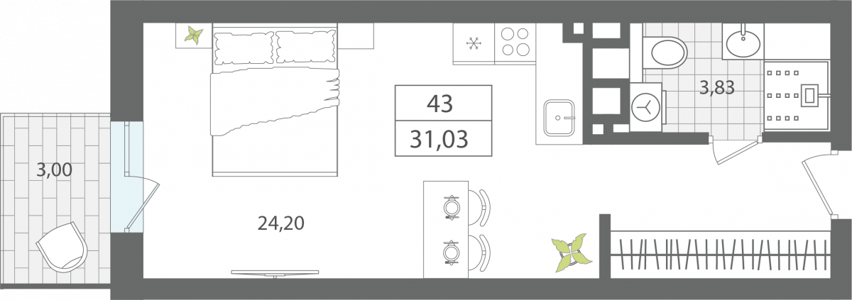Апартаменты №43, 1-комнатная, 31.03 м², 4 этаж - планировка, Секция 1