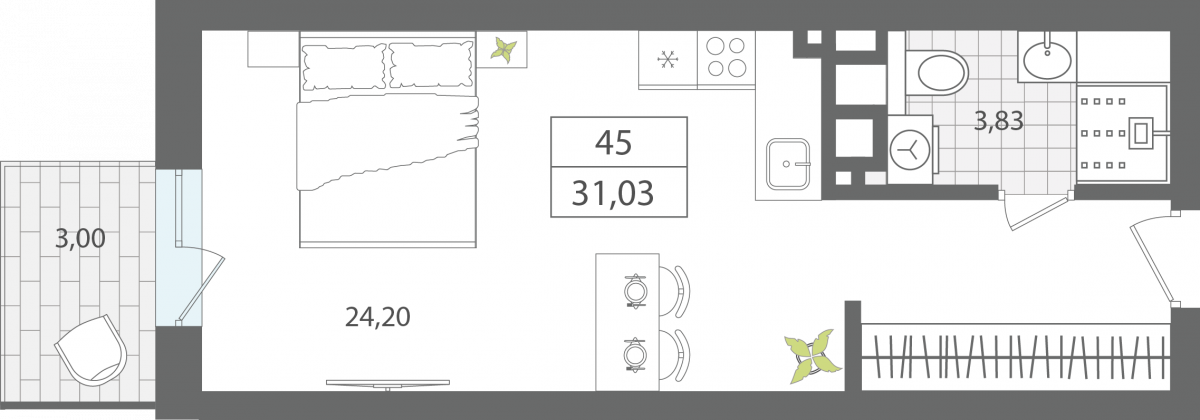 Апартаменты №45, 1-комнатная, 31.03 м², 4 этаж - планировка, Секция 1