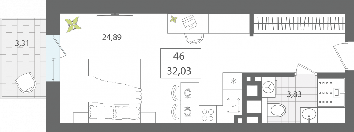 Апартаменты №46, 1-комнатная, 32.03 м², 4 этаж - планировка, Секция 1