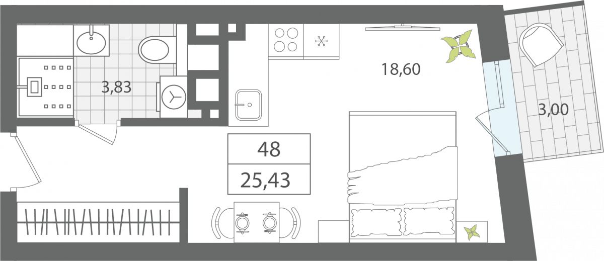 Апартаменты №48, 1-комнатная, 25.43 м², 4 этаж - планировка, Секция 1