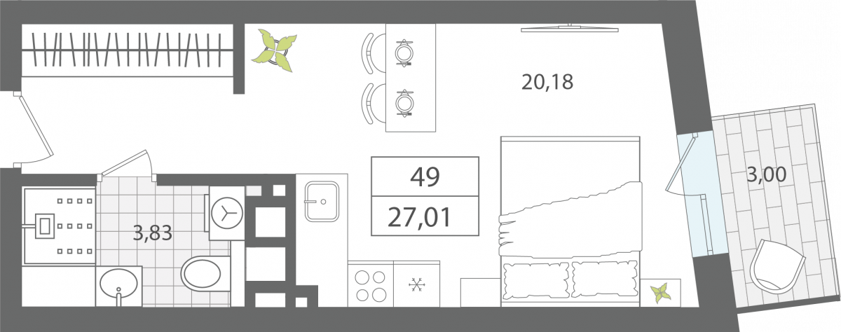 Апартаменты №49, 1-комнатная, 27.01 м², 4 этаж - планировка, Секция 1