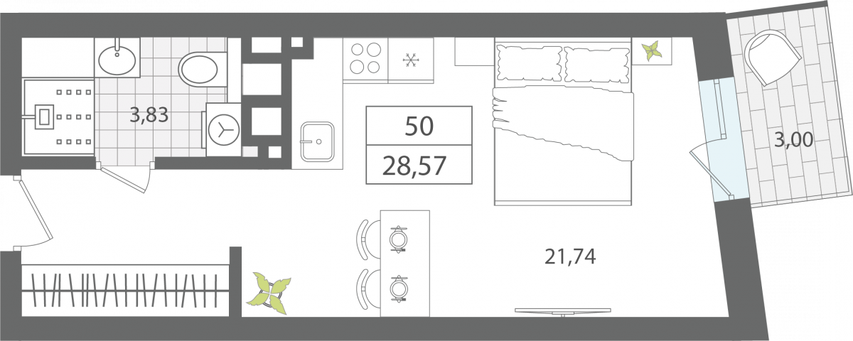 Апартаменты №50, 1-комнатная, 28.57 м², 4 этаж - планировка, Секция 1