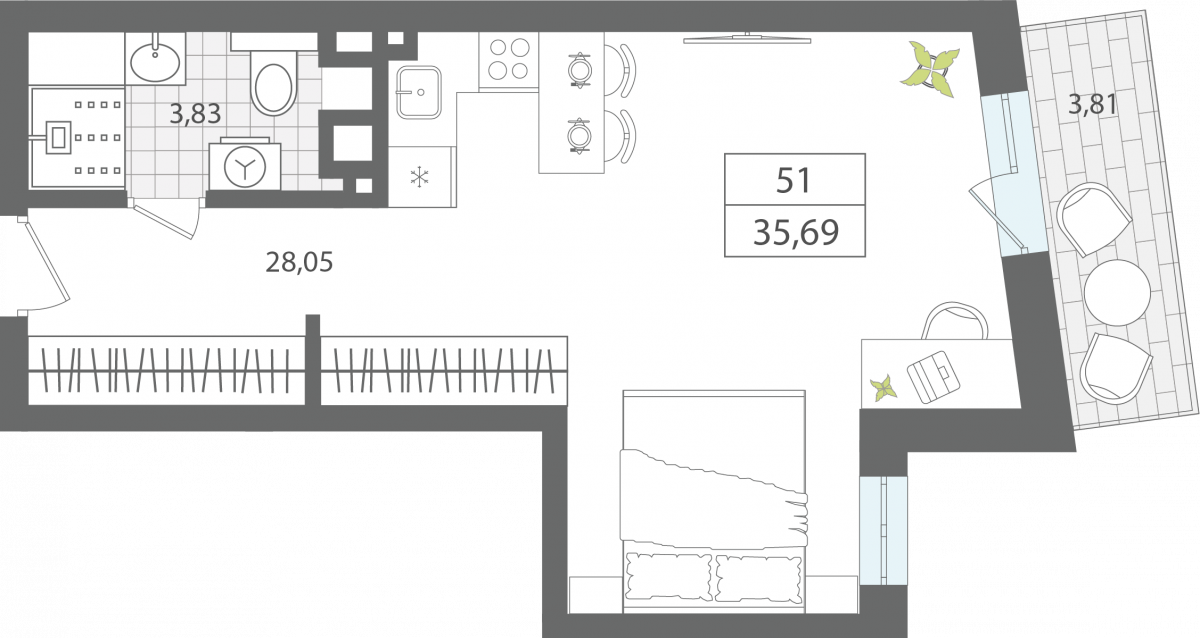 Апартаменты №51, 1-комнатная, 35.69 м², 4 этаж - планировка, Секция 1