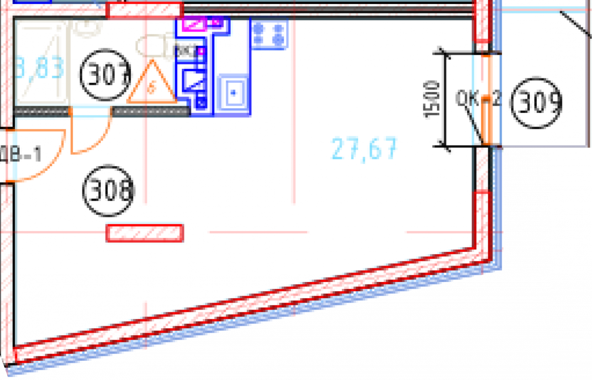 Апартаменты №52, 1-комнатная, 34.5 м², 5 этаж - планировка, Секция 1